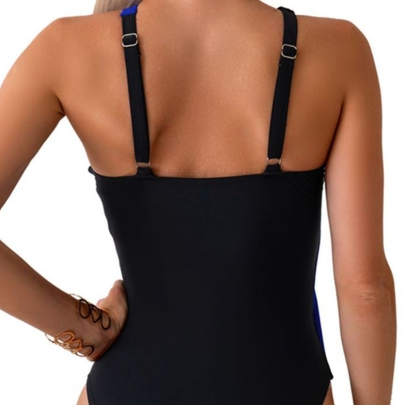 Blue Cutout Contrast Sleeveless One-Piece Swimwear - Picture 3 of 7